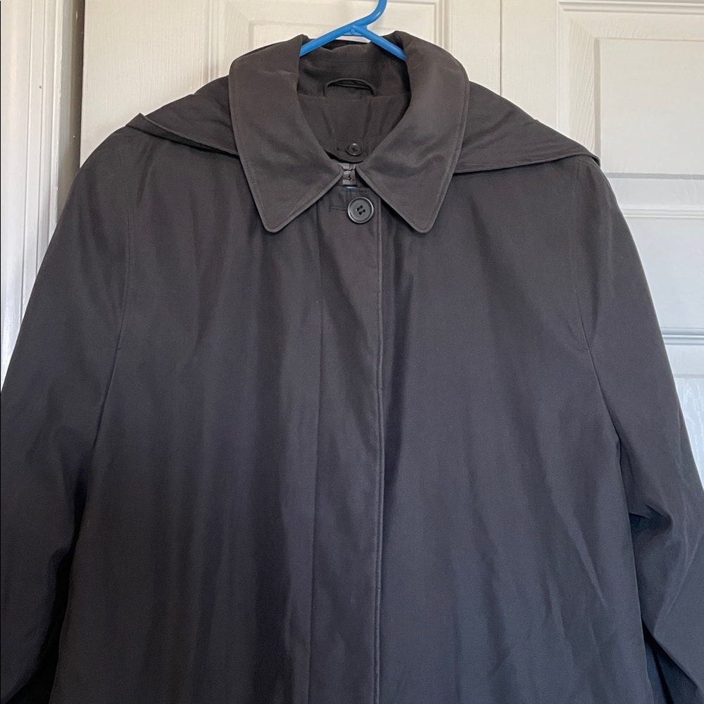 Women’s 16 London Fog Full LengthTrench Coat Black Hooded Lined hidden buttons - Picture 4 of 17